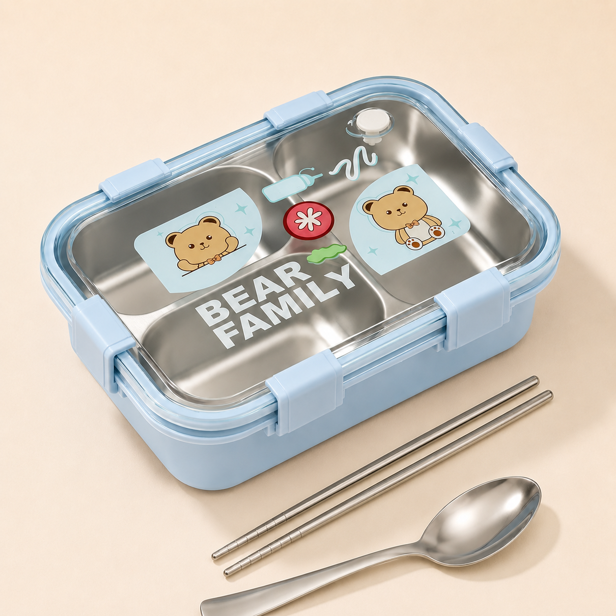 Cubtail Bear Family Bento Stainless Steel Lunch Box for Kids, 750ml, 3 Compartment, Leakproof & Airtight, with Spoon and Chopsticks