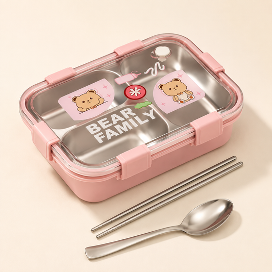 Cubtail Bear Family Bento Stainless Steel Lunch Box for Kids, 750ml, 3 Compartment, Leakproof & Airtight, with Spoon and Chopsticks