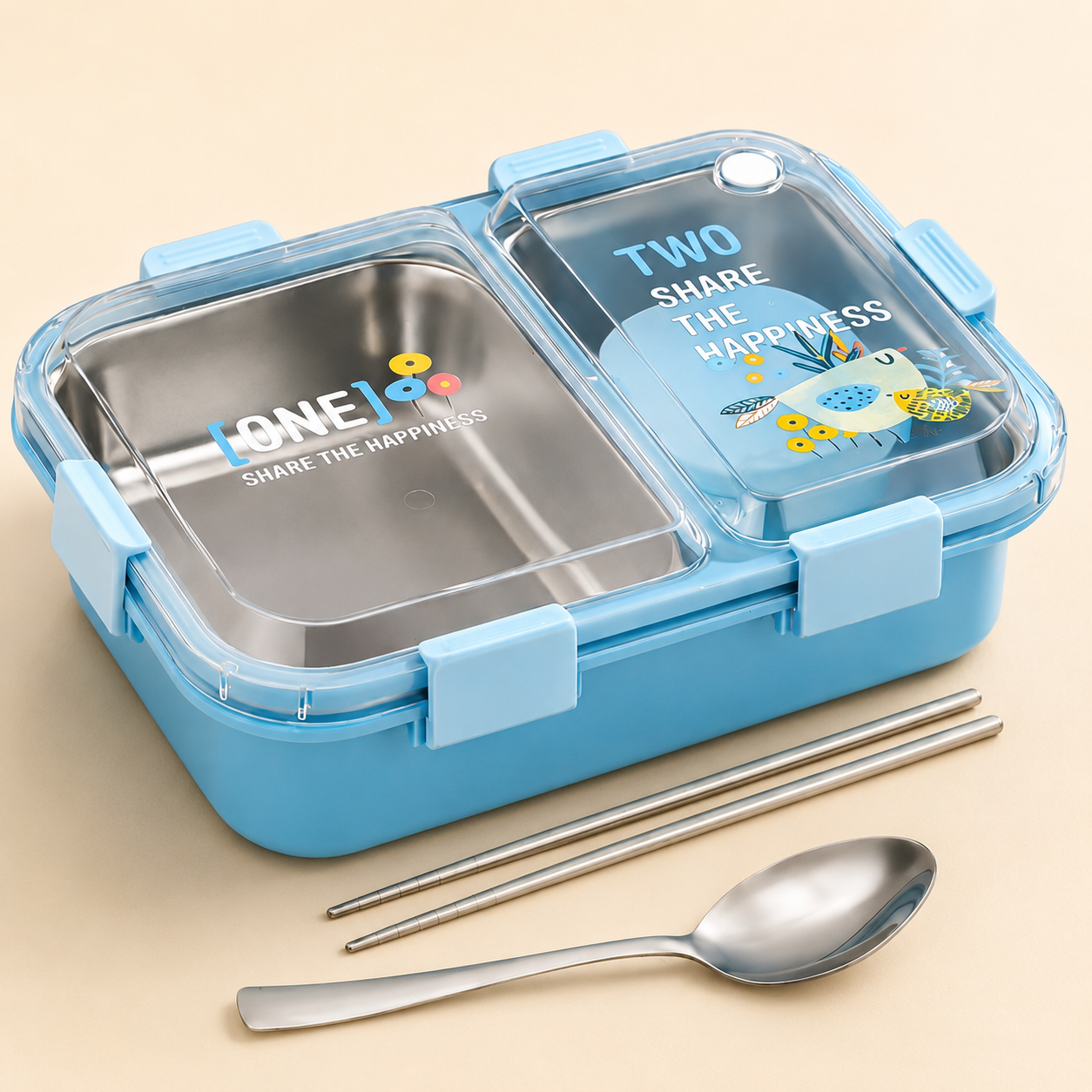 Cubtail Happiness Bento Stainless Steel Lunch Box for Kids, 750ml, 2 Compartment, Leakproof & Airtight, with Spoon and Chopsticks