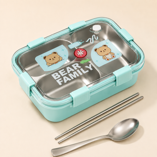 Cubtail Bear Family Bento Stainless Steel Lunch Box for Kids, 750ml, 3 Compartment, Leakproof & Airtight, with Spoon and Chopsticks