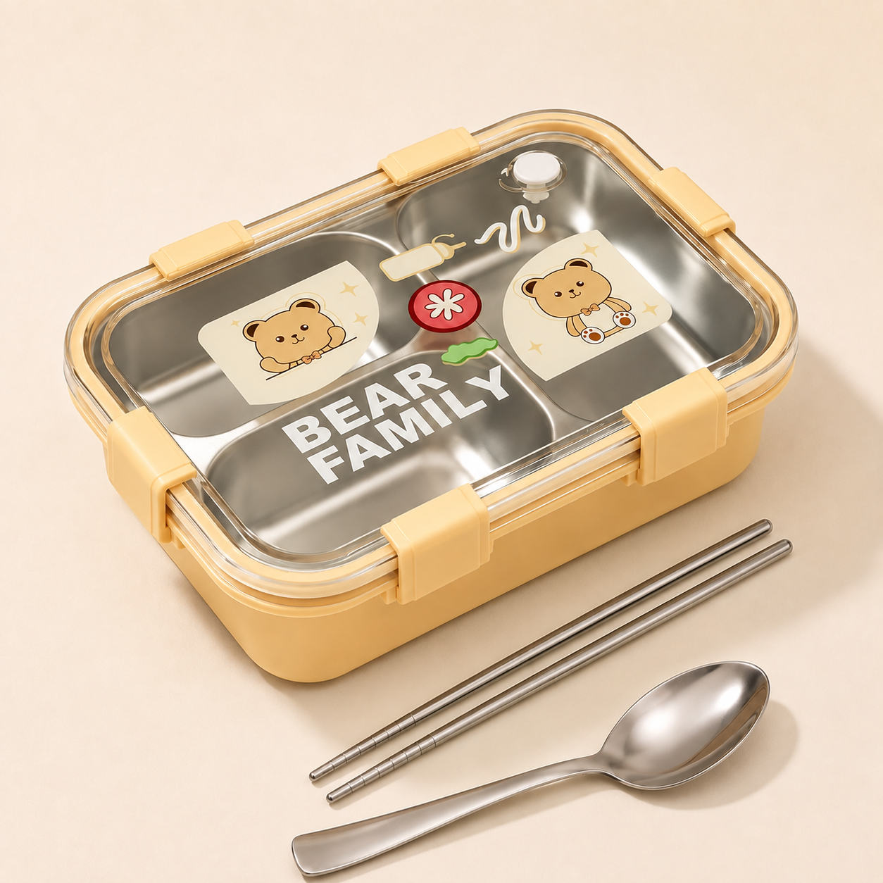 Cubtail Bear Family Bento Stainless Steel Lunch Box for Kids, 750ml, 3 Compartment, Leakproof & Airtight, with Spoon and Chopsticks