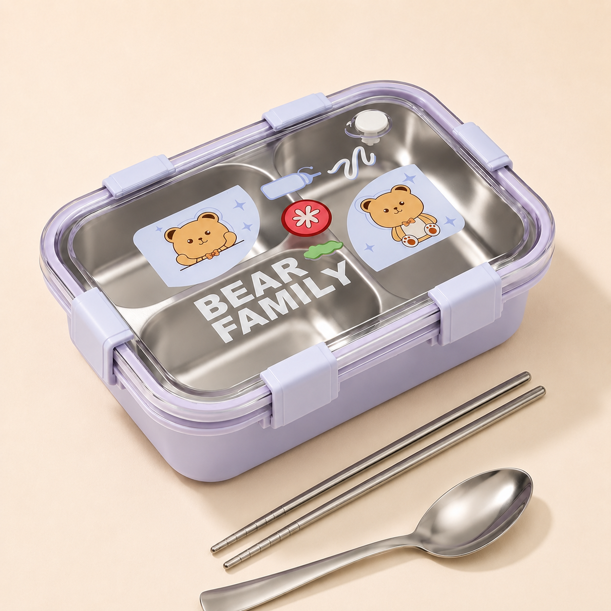 Cubtail Bear Family Bento Stainless Steel Lunch Box for Kids, 750ml, 3 Compartment, Leakproof & Airtight, with Spoon and Chopsticks