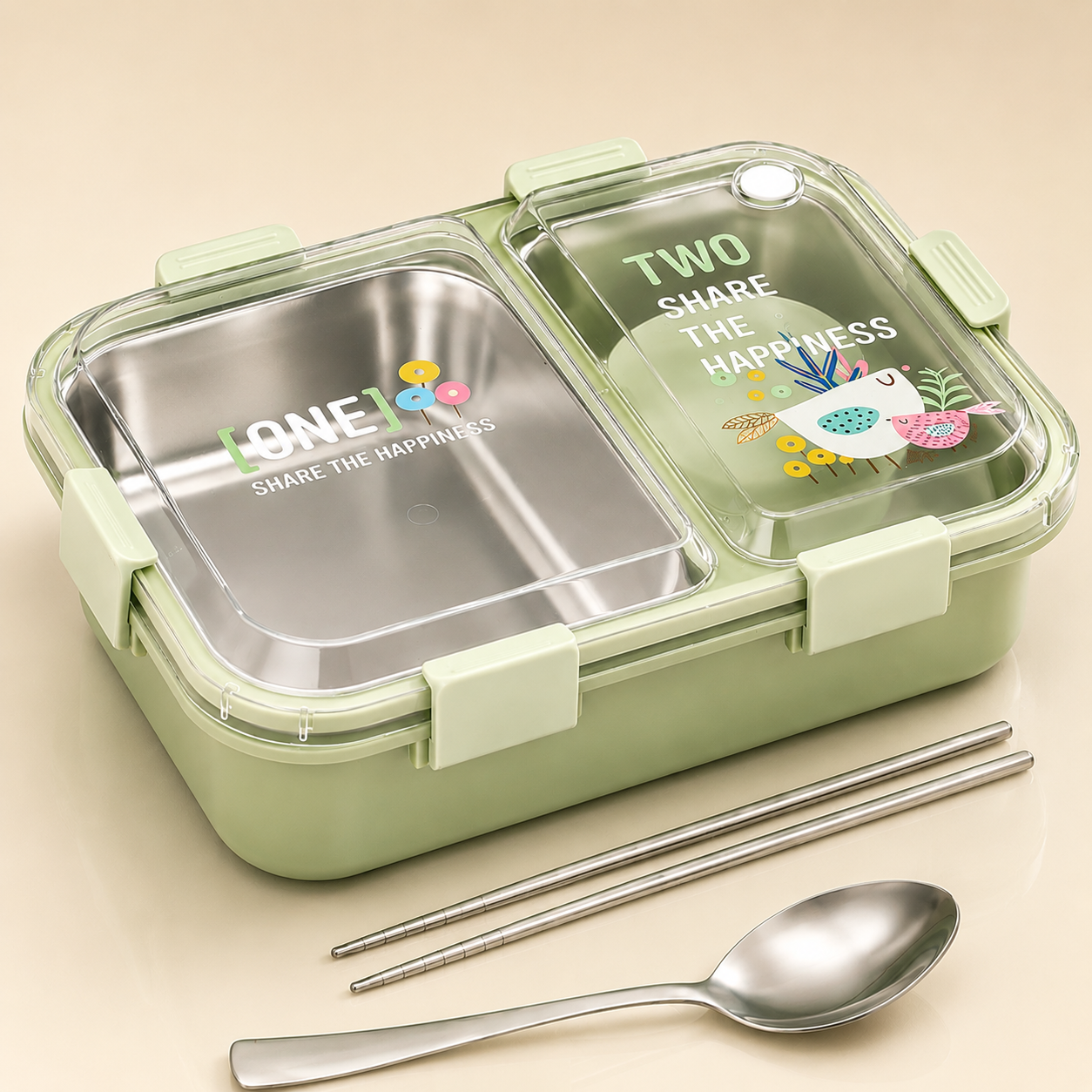 Cubtail Happiness Bento Stainless Steel Lunch Box for Kids, 750ml, 2 Compartment, Leakproof & Airtight, with Spoon and Chopsticks