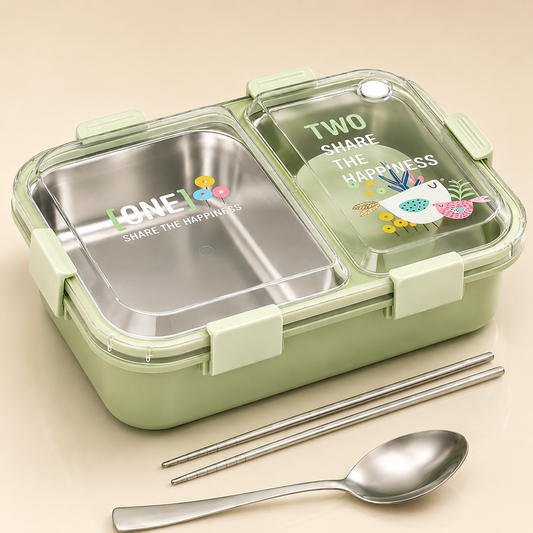 Cubtail Happiness Bento Stainless Steel Lunch Box for Kids, 750ml, 2 Compartment, Leakproof & Airtight, with Spoon and Chopsticks