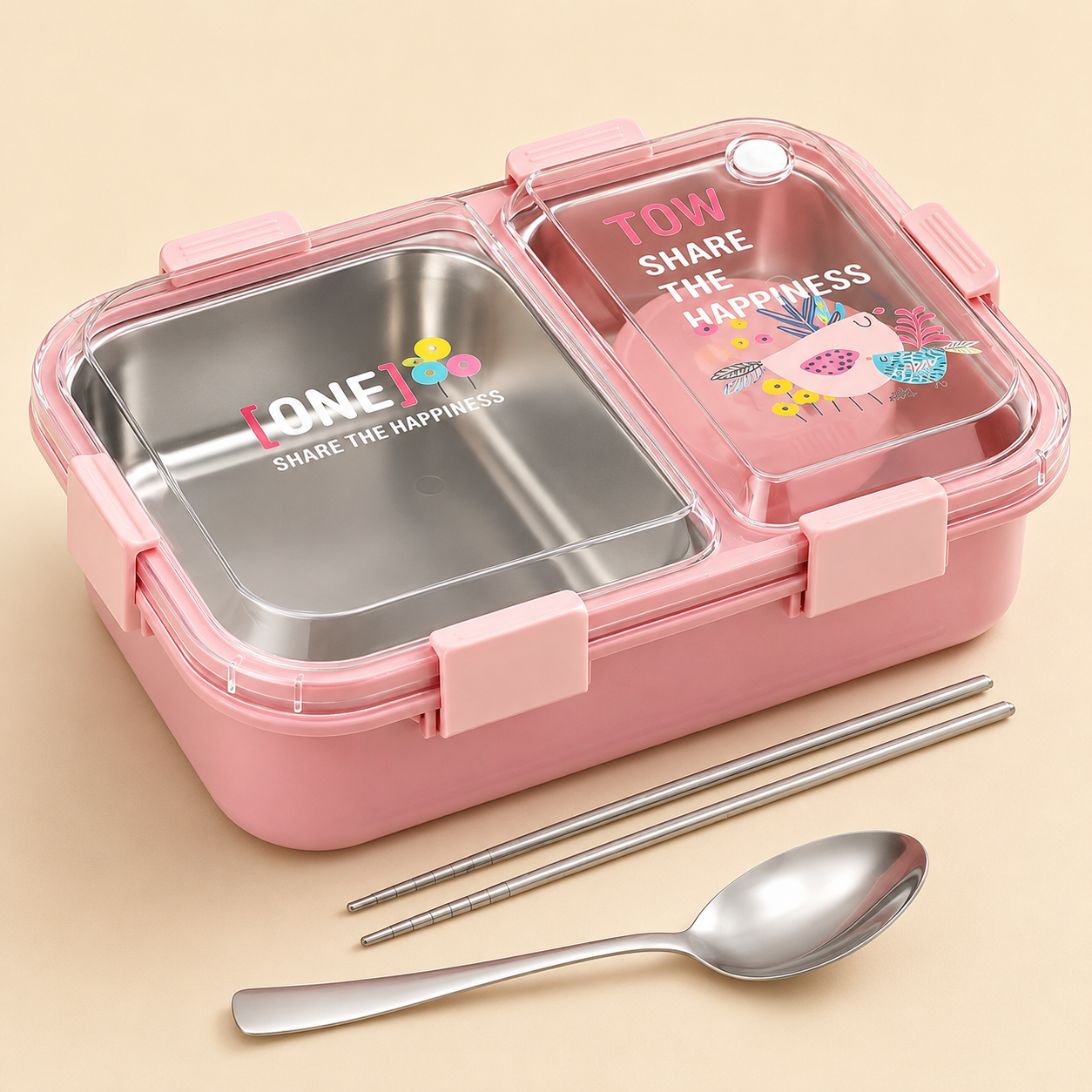 Cubtail Happiness Bento Stainless Steel Lunch Box for Kids, 750ml, 2 Compartment, Leakproof & Airtight, with Spoon and Chopsticks
